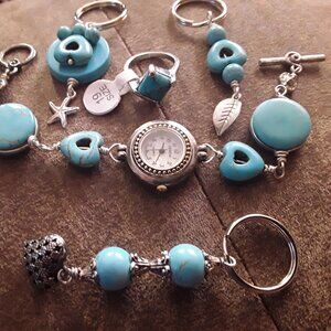 Handmade  set, simulated turquoise stone lady watch, 3 keychains and ring.
